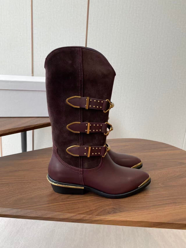 Isabel Marant Meixa Boots Santiag 30mm Burgundy Leather and Metal