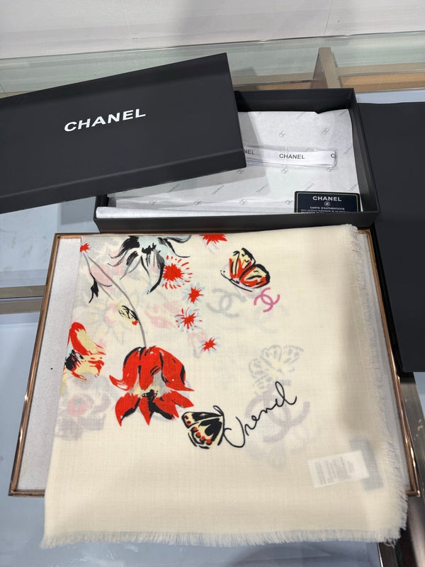 CC 2026 Square Scarf 140cm Red White Cashmere Silk 218853