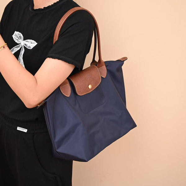 Longchamp Small Le Pliage Tote Bag Brown Navy Blue Polyamide Leather