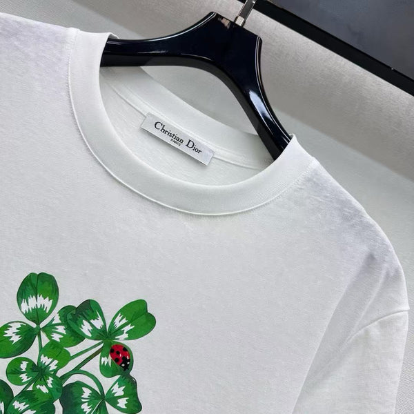T-shirt ajusté CD en jersey de coton blanc avec motif Dior Clover vert