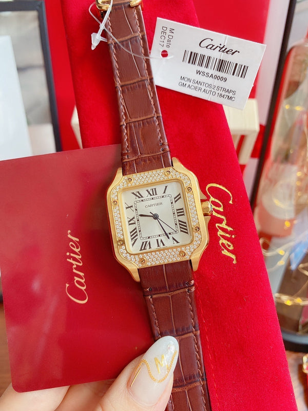 SANTOS LADY 35MM QUARTZ 35MM GOLD CASE DIAMOND BEZEL LEATHER