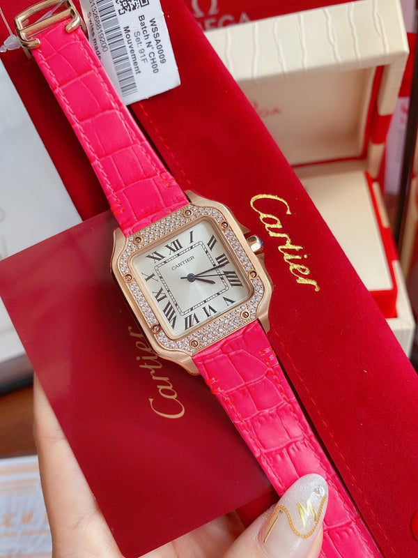 SANTOS LADY 35MM QUARZO CASSA IN ORO ROSA LUNETTA IN DIAMANTI PELLE