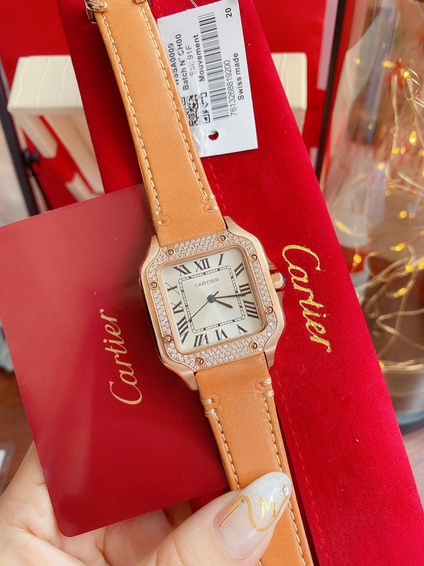 SANTOS LADY 35MM QUARZO CASSA IN ORO ROSA LUNETTA IN DIAMANTI PELLE