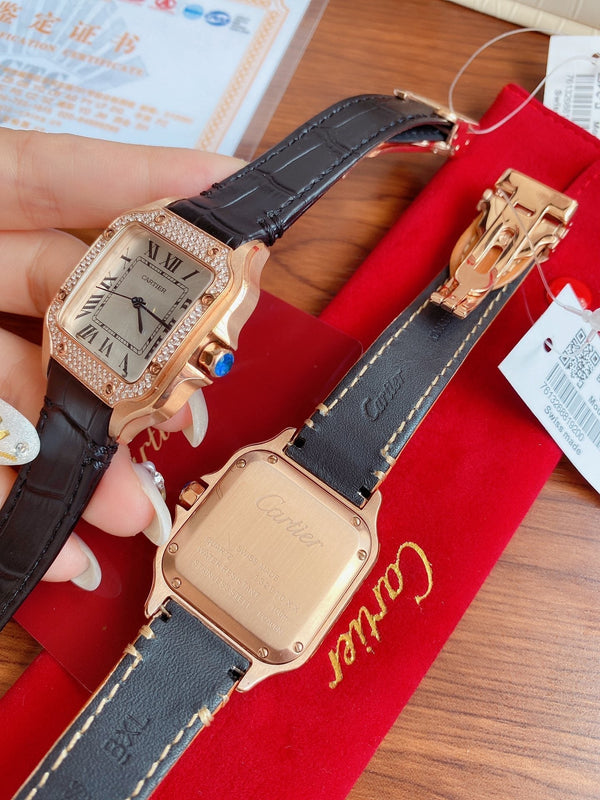 SANTOS LADY 35MM QUARZO CASSA IN ORO ROSA LUNETTA IN DIAMANTI PELLE