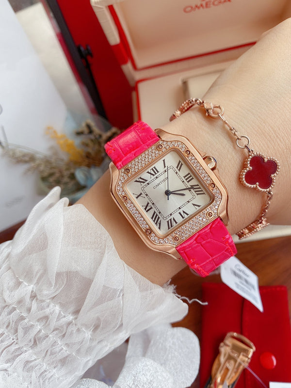 SANTOS LADY 35MM QUARZO CASSA IN ORO ROSA LUNETTA IN DIAMANTI PELLE