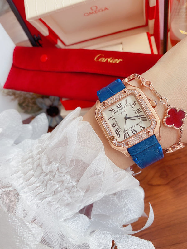 SANTOS LADY 35MM QUARZO CASSA IN ORO ROSA LUNETTA IN DIAMANTI PELLE