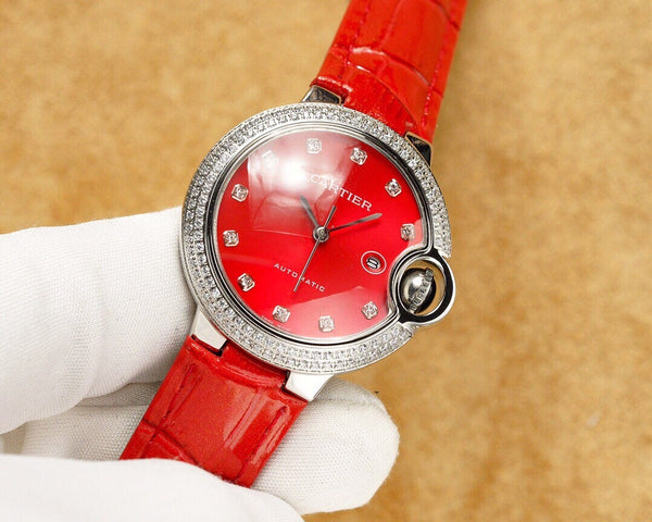 BALLON BLEU 33MM STEEL CASE DIAMOND NUMERALS LEATHER STRAP