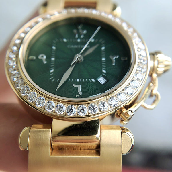 CARTIE PASHA 35MM QUARTZ GOLD CASE DIAMOND BEZEL BLUE DIAL