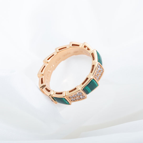ANELLO SERPENTI ORO ROSA MALACHITE DIAMANTI PAVE' 4MM