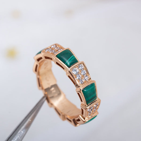 ANELLO SERPENTI ORO ROSA MALACHITE DIAMANTI PAVE' 4MM