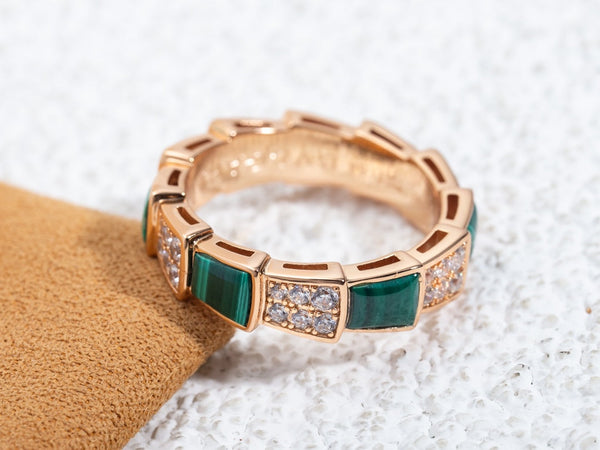 ANELLO SERPENTI ORO ROSA MALACHITE DIAMANTI PAVE' 4MM