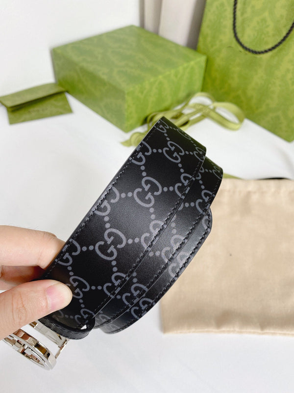 INTERLOCKING G SILVER BUCKLE 38MM BLACK LEAHTER MONOGRAM