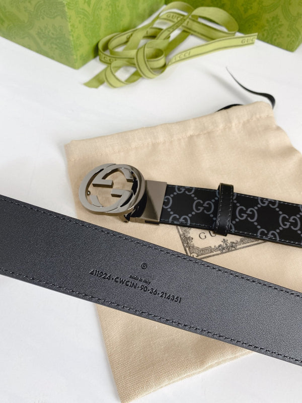 INTERLOCKING G GREY BUCKLE 38MM BLACK LEAHTER MONOGRAM
