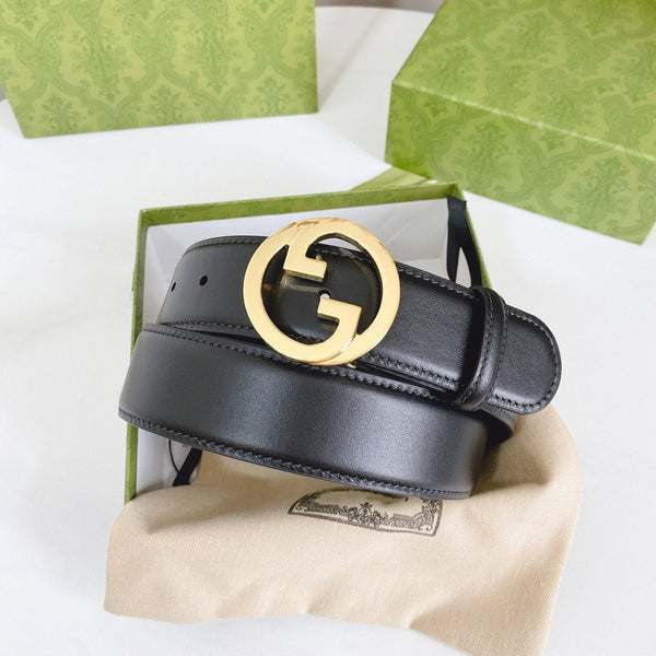 INTERLOCKING G GOLD BUCKLE 40MM BLACK LEAHTER