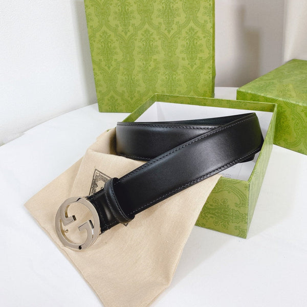 INTERLOCKING G SILVER BUCKLE 40MM BLACK LEAHTER