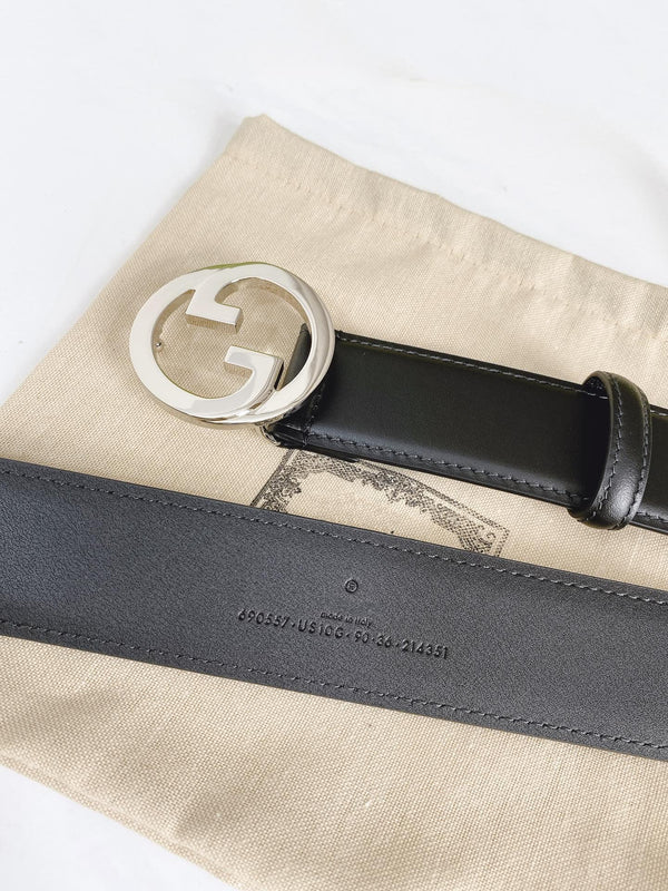 INTERLOCKING G SILVER BUCKLE 40MM BLACK LEAHTER