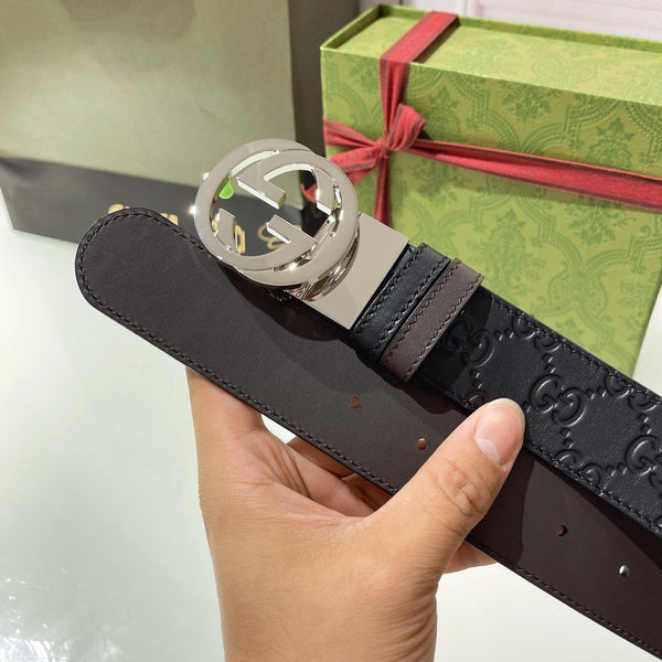 INTERLOCKING G SILVER BUCKLE 37MM BLACK BROWN LEATHER