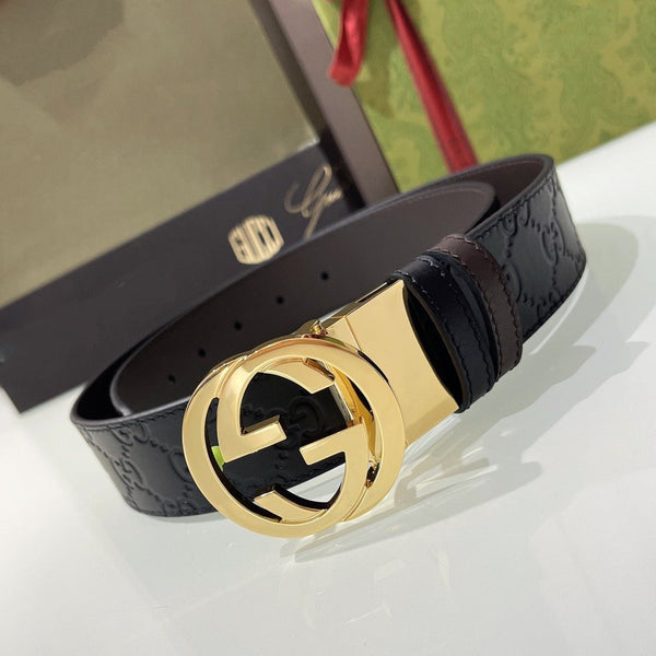 INTERLOCKING G GOLD BUCKLE 37MM BLACK BROWN LEATHER
