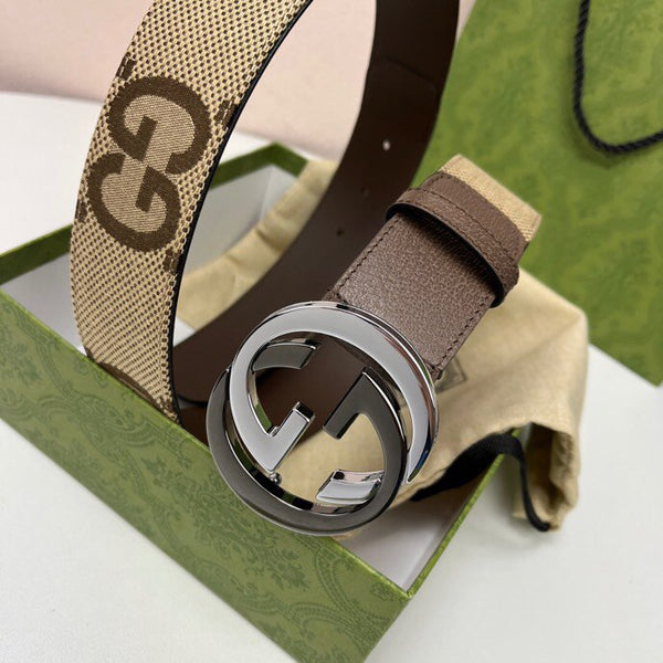 INTERLOCKING G BLACK SILVER BUCKLE 40MM BEIGE CANVAS