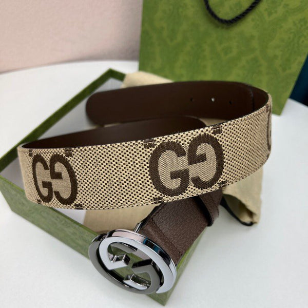 INTERLOCKING G BLACK SILVER BUCKLE 40MM BEIGE CANVAS