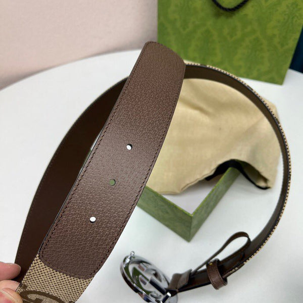 INTERLOCKING G BLACK SILVER BUCKLE 40MM BEIGE CANVAS