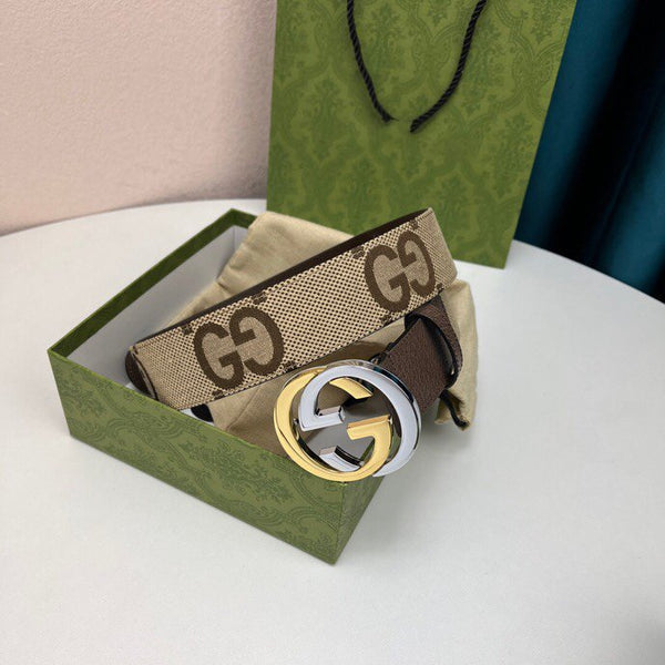 INTERLOCKING G GOLD GREY BUCKLE 40MM BEIGE CANVAS