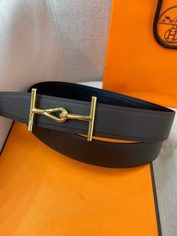 H JUMBO BELT 38MM GOLD BUCKLE DARK BLUE ETOUPE LEATHER