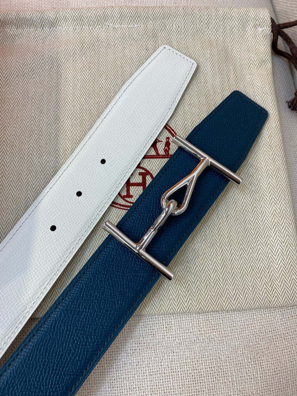 H JUMBO BELT 38MM SILVER BUCKLE BLUE WHITE LEATHER