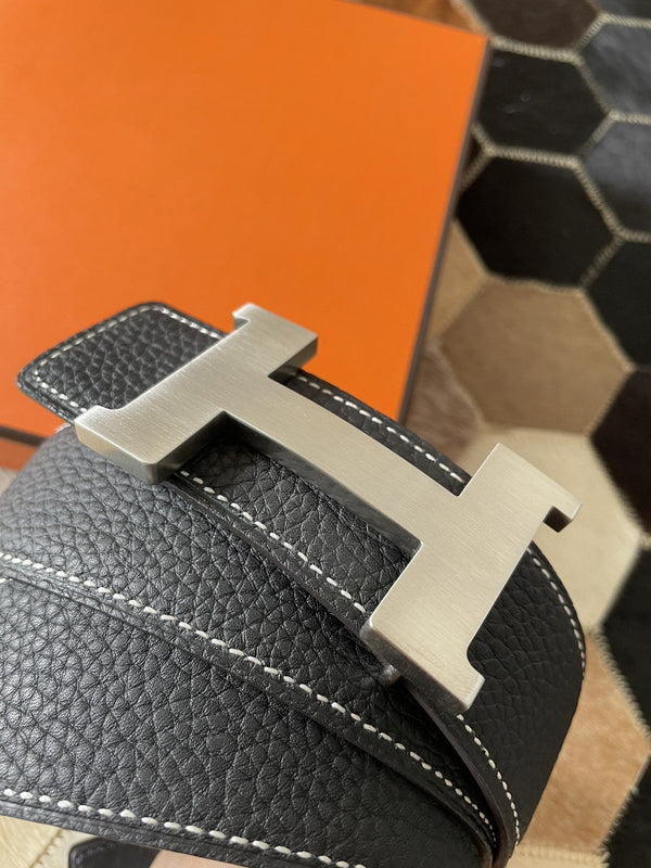 H CONTANCE BELT 38MM SILVER BUCKLE BLACK LEATHER