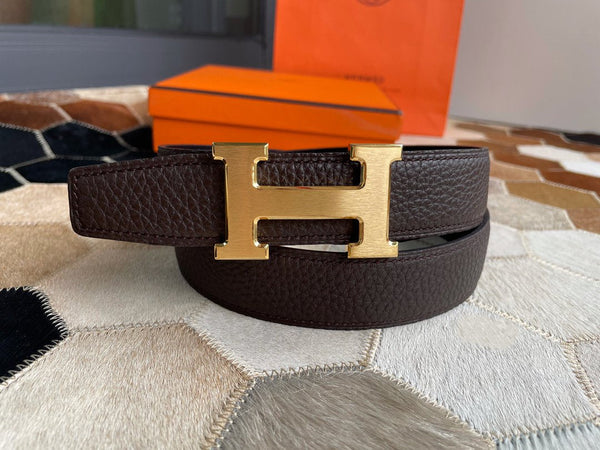 H CONTANCE BELT 32MM GOLD BUCKLE BLACK DARK BROWN LEATHER