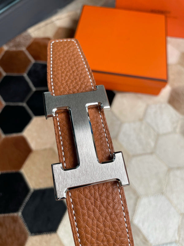 H CONTANCE BELT 32MM SILVER BUCKLE BLACK DARK BROWN LEATHER