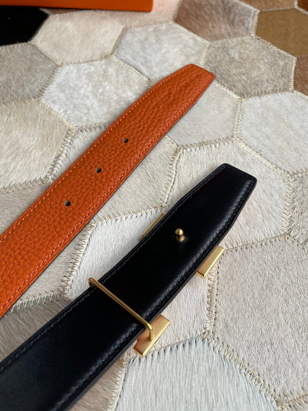 H CONTANCE BELT 32MM GOLD BUCKLE BLACK ORANGE LEATHER