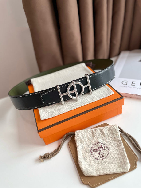 H ULYSSE BELT 38MM SILVER BUCKLE BLACK GREEN LEATHER
