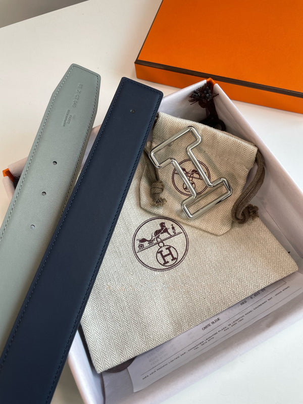 H TONIGHT BELT 38MM SILVER BUCKLE DARK BLUE GREY LEATHER