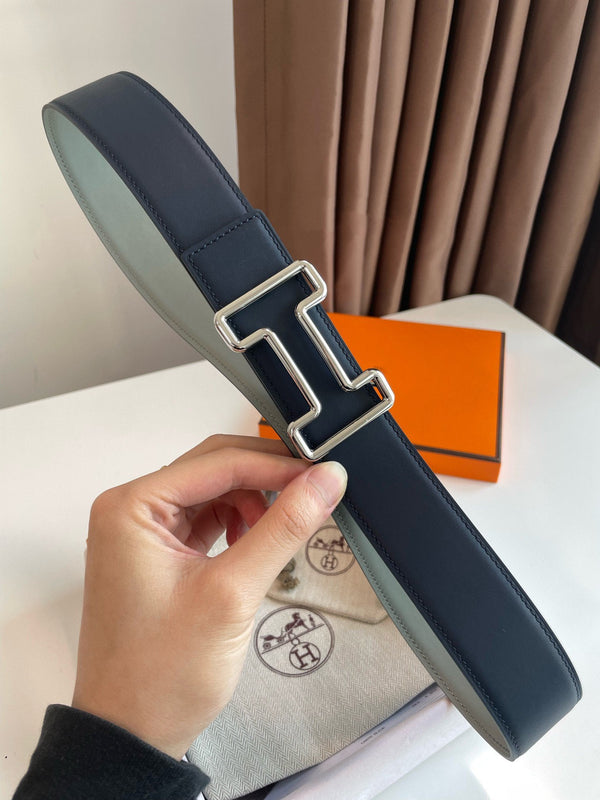 H TONIGHT BELT 38MM SILVER BUCKLE DARK BLUE GREY LEATHER