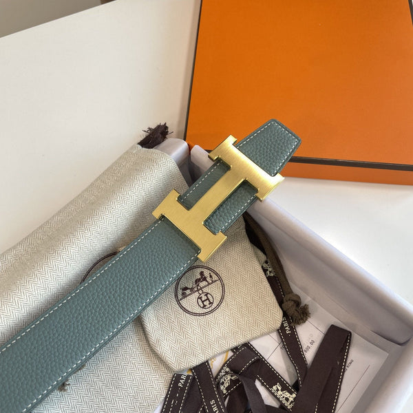 H CONTANCE BELT 38MM GOLD BUCKLE BLACK SKY BLUE LEATHER