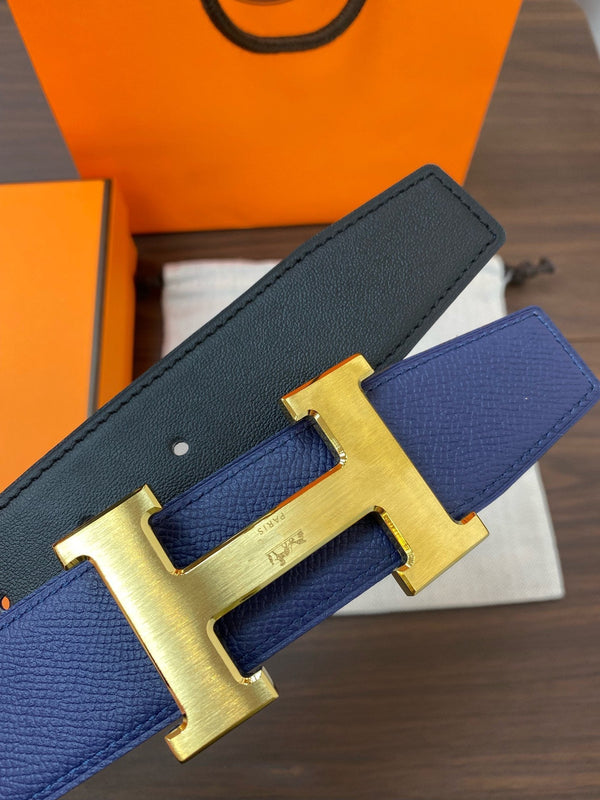H CONTANCE BELT 38MM GOLD BUCKLE BLUE BLACK LEATHER