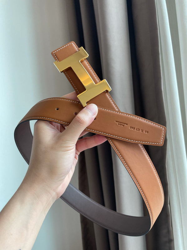 H CONSTANCE BELT 38MM GOLD BUCKLE BROWN CHOCOLATE LEATHER