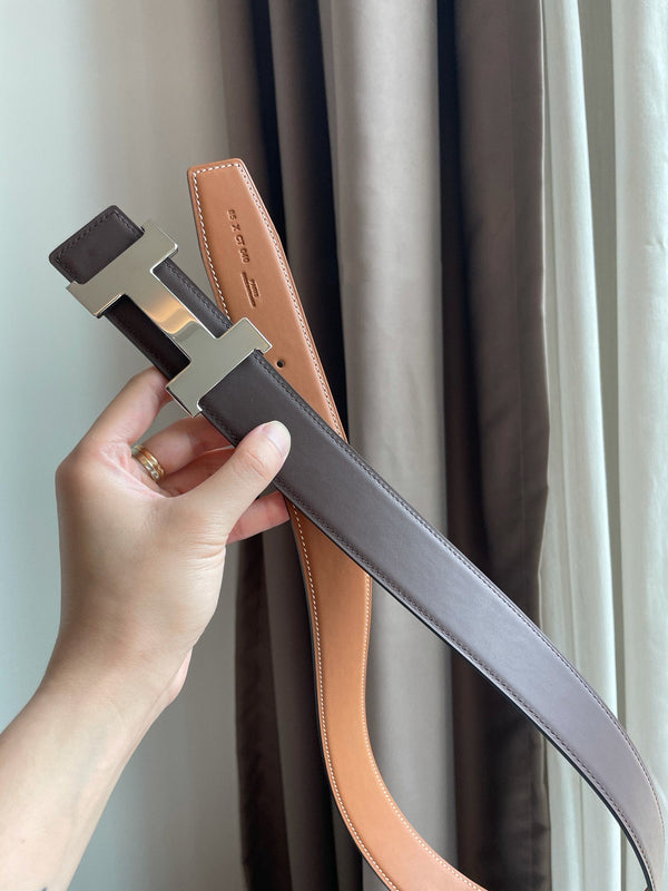 H CONSTANCE BELT 38MM SILVER BUCKLE BROWN CHOCOLATE LEATHER