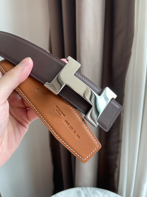 H CONSTANCE BELT 38MM SILVER BUCKLE BROWN CHOCOLATE LEATHER