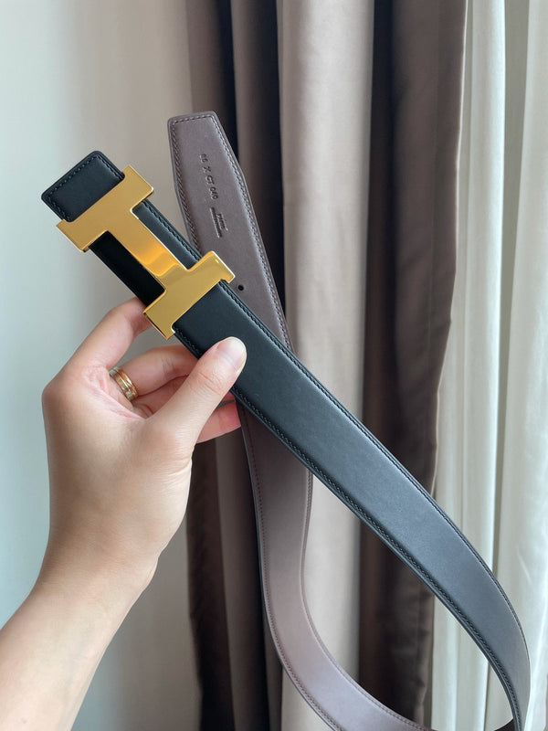 H CONSTANCE BELT 38MM GOLD BUCKLE BLACK CHOCOLATE LEATHER