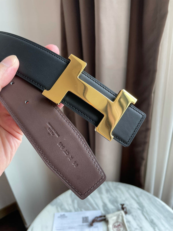 H CONSTANCE BELT 38MM GOLD BUCKLE BLACK CHOCOLATE LEATHER