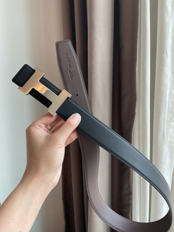 H CONSTANCE BELT 38MM SILVER BUCKLE BLACK CHOCOLATE LEATHER