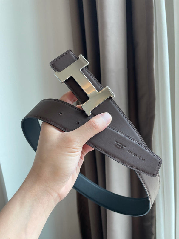 H CONSTANCE BELT 38MM SILVER BUCKLE BLACK CHOCOLATE LEATHER