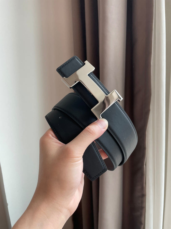 H CONSTANCE BELT 38MM SILVER BUCKLE BLACK CHOCOLATE LEATHER