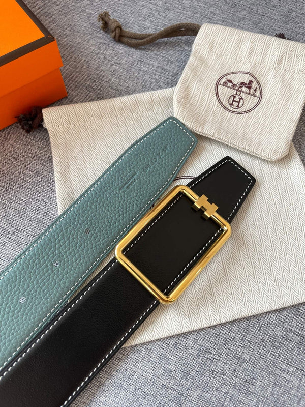 H TUBE BELT 38MM GOLD BUCKLE SKY BLUE BLACK LEATHER