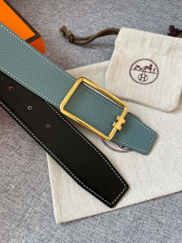 H TUBE BELT 38MM GOLD BUCKLE SKY BLUE BLACK LEATHER