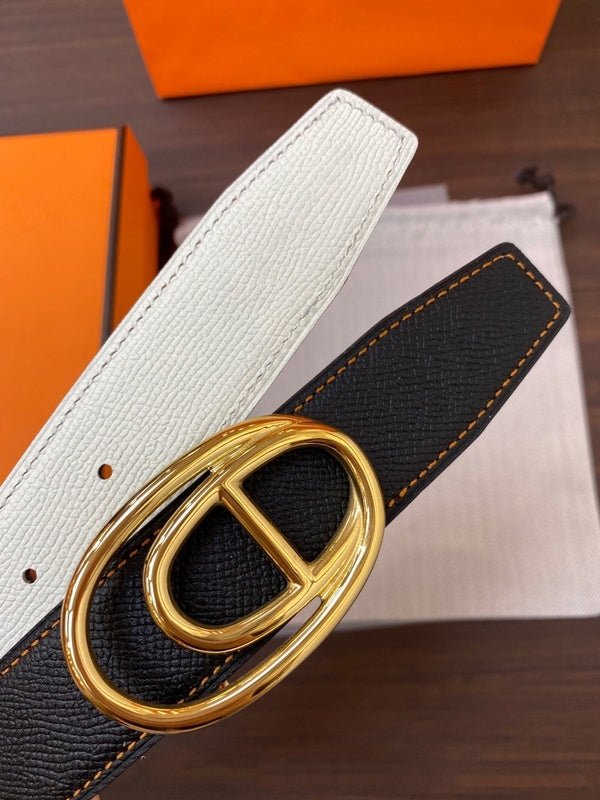 H ODYSSEE RIVERSIBLE BELT 32MM GOLD BUCKLE WHITE BLACK LEATHER