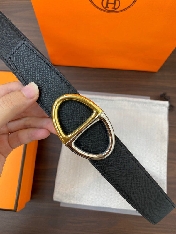 H TWIN REVERSIBLE BELT 32MM GOLD SILVER BUCKLE WHITE BLACK LEATHER