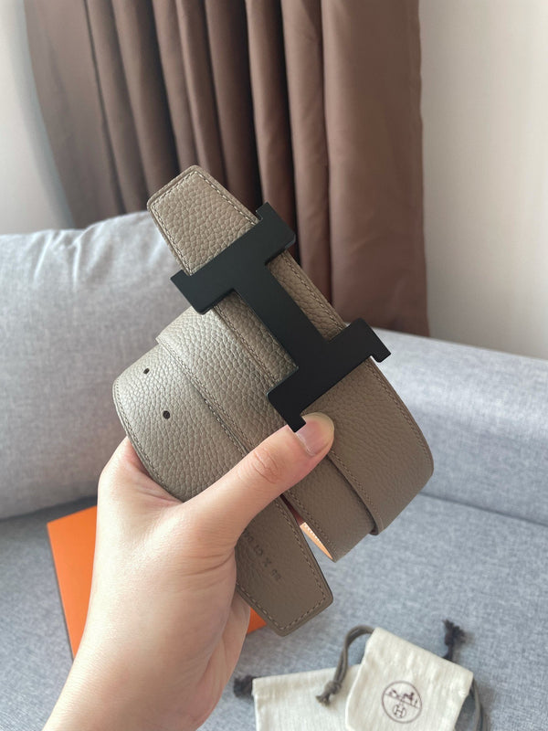 H CONSTANCE REVERSIBLE BELT 38MM BLACK BUCKLE GOLD TIN GREY LEATHER